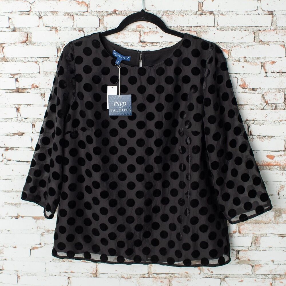 NEW RSVP by Talbots Black Velvet Polka Dot Sheer Blouse Top Women’s M Party